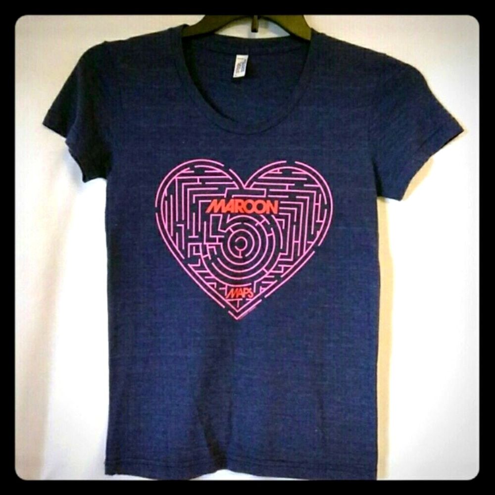 American Apparel T-Shirt Womens S Navy Blue Maroon 5 Maps Heart Maze Band Tee
